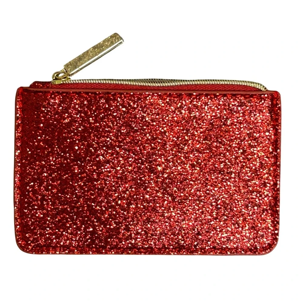 Jimmy Choo Parfums Red Glitter Zip Coin Purse Card Holder Gold Tone Logo Pouch